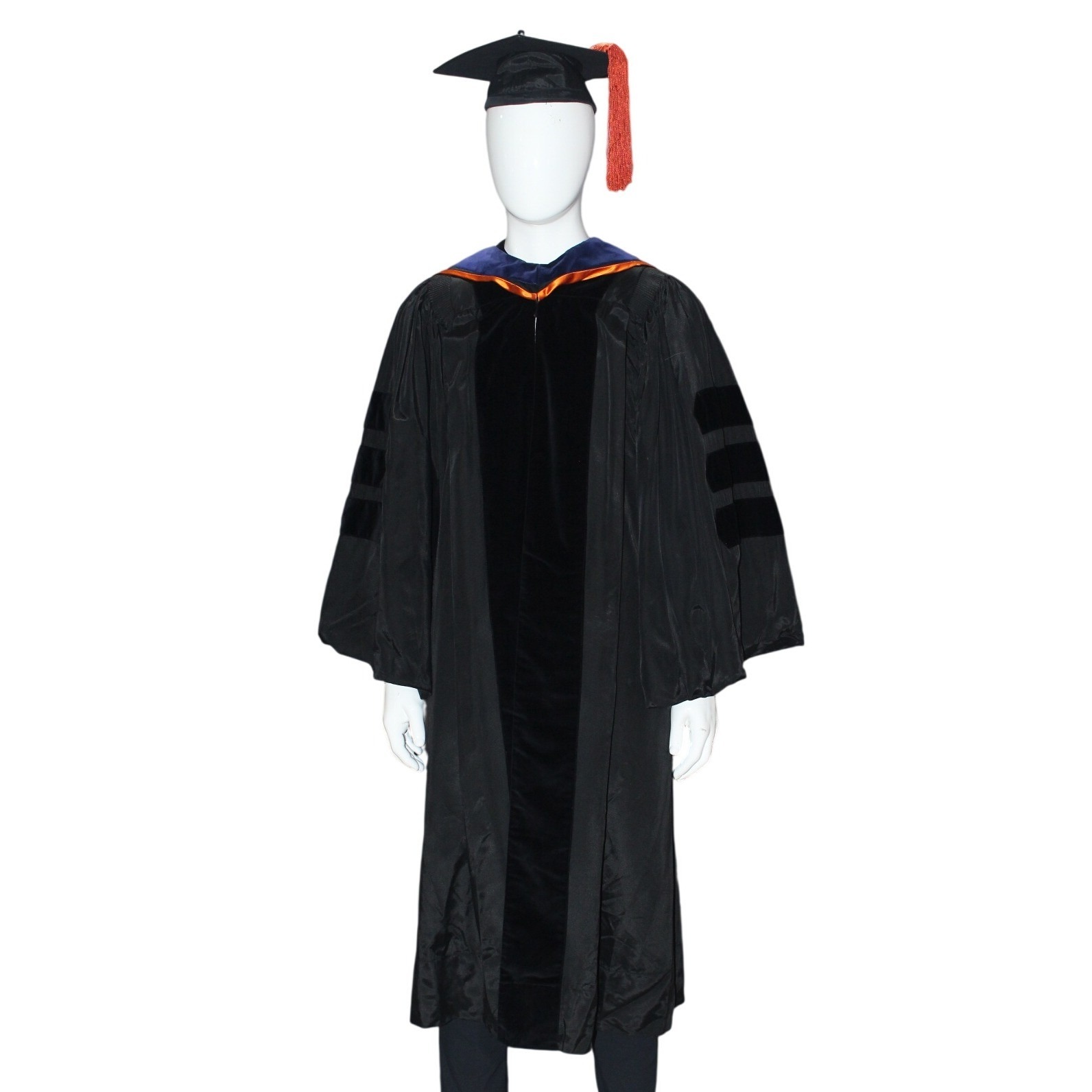 Master's Graduation Gown Hood Set Black Academic Regalia Orange Blue